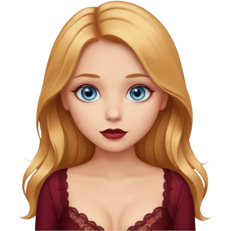 A beautiful blue-eyed girl with long golden-copper blonde hair, full lips, large eyes, wearing a burgundy lace bra emoji