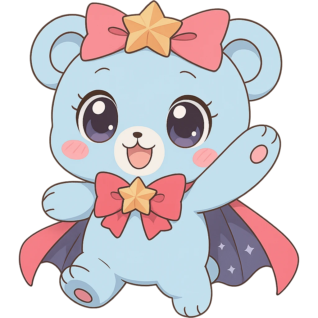Make the anime style magical bear cuter by giving it bigger eyes and a rounder face. Keep no background. The style should remain anime-like. emoji