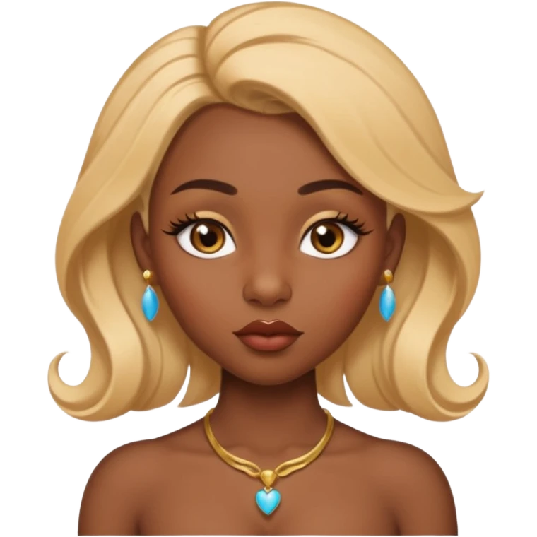 darkskin female with eyebrows that are naturally shaped and frame eyes well, eyes that are almond-shaped with defined lashes. nd lips are full with a defined cupid’s bow, add also a septum piercing that adds an edgy, stylish flair. a middle-part, honey blonde bust-down with laid baby hairs emoji