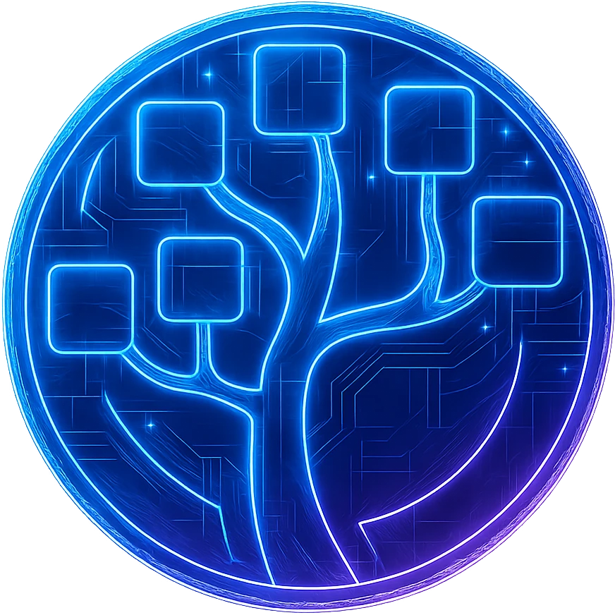Transform the WinDirStat icon into a cyberpunk, holographic style with glowing neon blue and pink edges, circuit patterns throughout the entire icon, and a transparent background. Maintain the recognizable tree and circle shape, overlaying neon and circuit effects in the same futuristic, clean style as previous cyberpunk icons. The whole icon should have a consistent cyberpunk glow and intricate circuit details in a futuristic, clean style. emoji