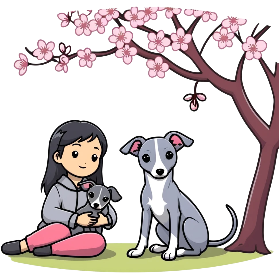 A young Chinese girl with long black hair and a dark grey Italian Greyhound with absolutely no white marks on its body or nose sitting under a cherry blossom tree emoji