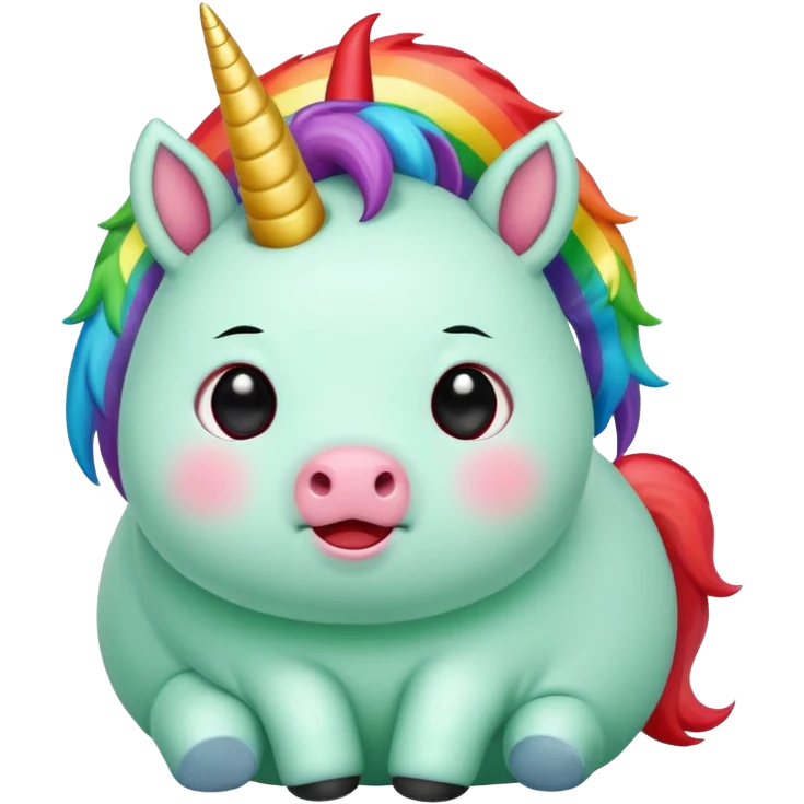 Small chubby unicorn in colours of jade green, black and red eyes, farting rainbow emoji
