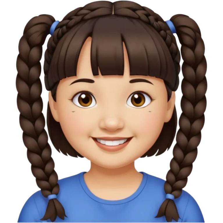 woman with dark brown hair in pigtail braids, blunt cut bangs, chubby, brown eyes, smiling without teeth showing emoji