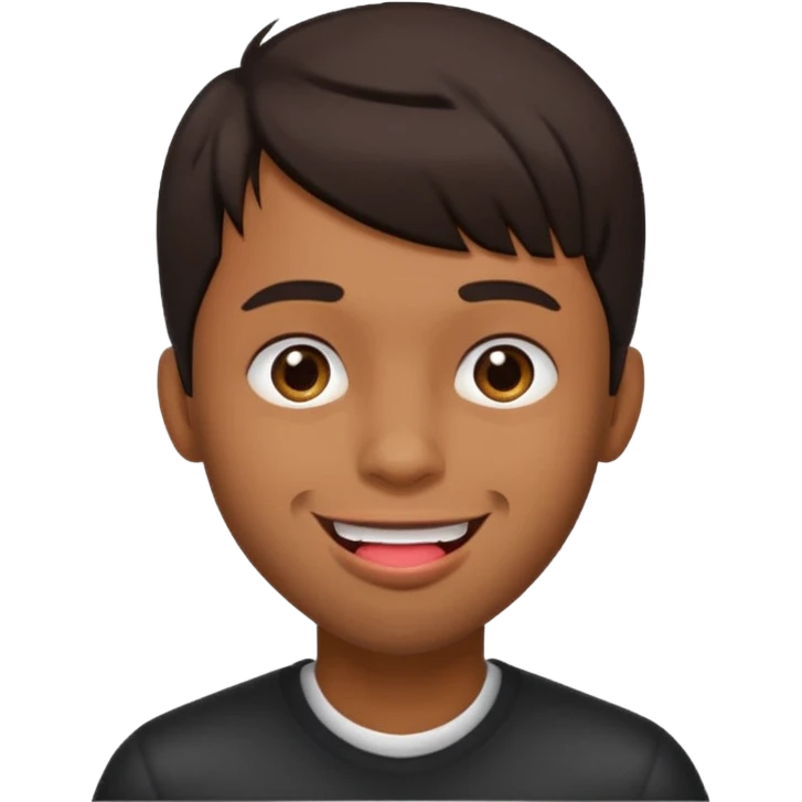 A brown skin guy with dark bangs hairstyles that is his covering forehead, his head is tilted back a bit and his tongue is out emoji