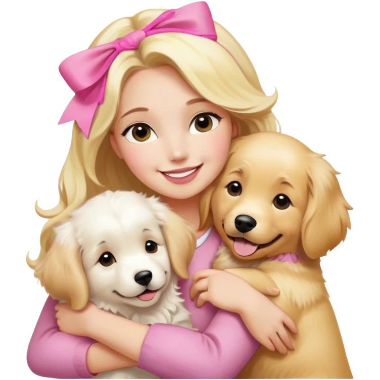 One very white, great Pyrenees, and one very golden golden retriever, with a pretty blonde lady, smiling with pink bows in her hair, hugging them emoji