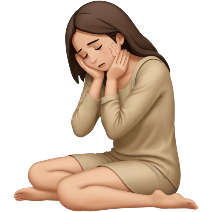 woman sitting on floor in profile view crying with face covered by arms emoji