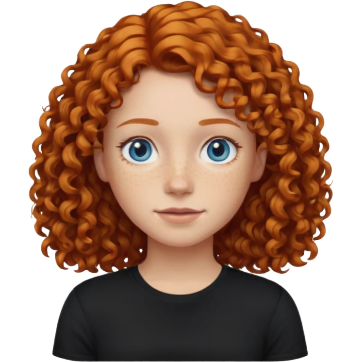 Make an image of an I phone emoji girl with a black t shirt shoulder length ginger hair that’s curly blue eyes and freckles emoji