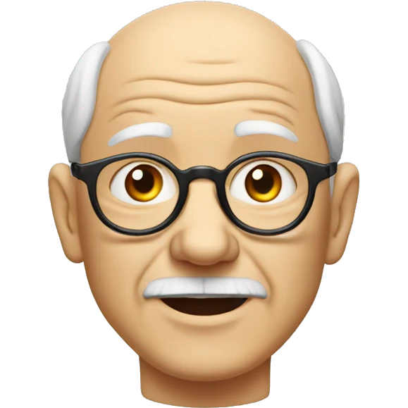 old white man with glasses, wrinkly face, wireless earbuds, round head, balding emoji