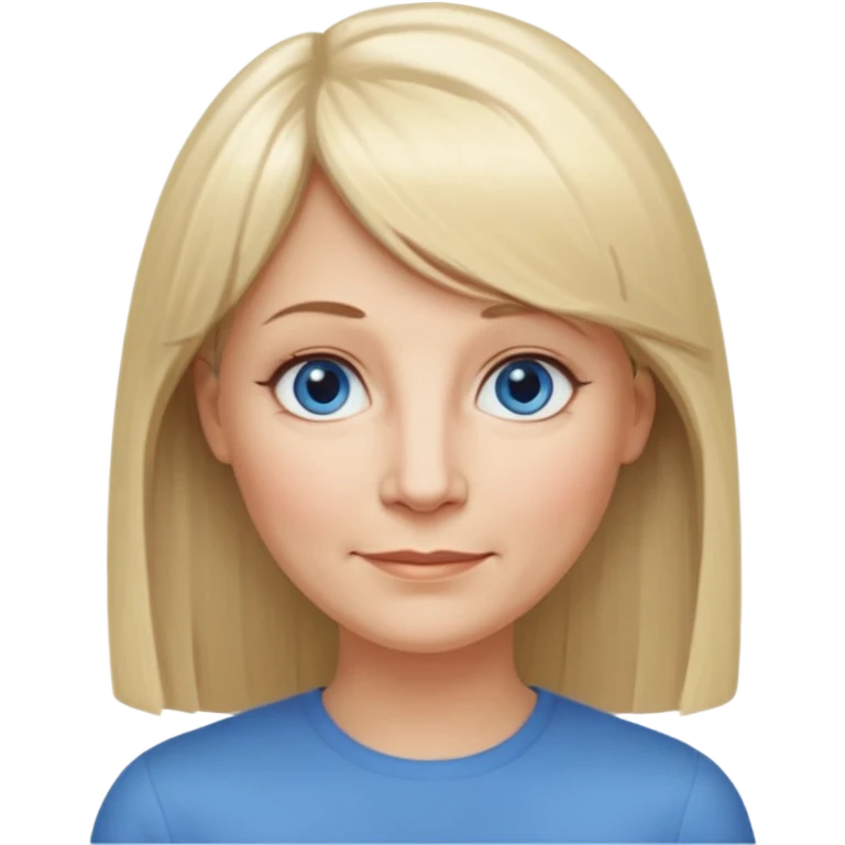 50 yr old white woman, hippe part bangs, very long straight blond hair, oval face, small smile, blue eyes, thin face, hair downback, hair parted at center of head, round cheeks, pale, longer hair emoji