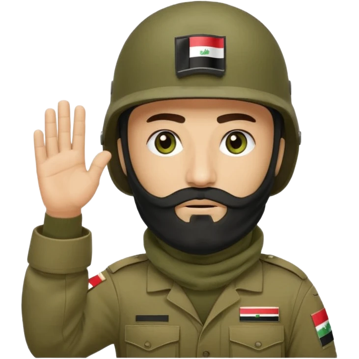 surrenders, depicts an Iraqi soldier from 1980, with a beard, in a helmet, a helmet with sign flag Iraq, with a balaclava, with sad eyes and both hands raised up emoji