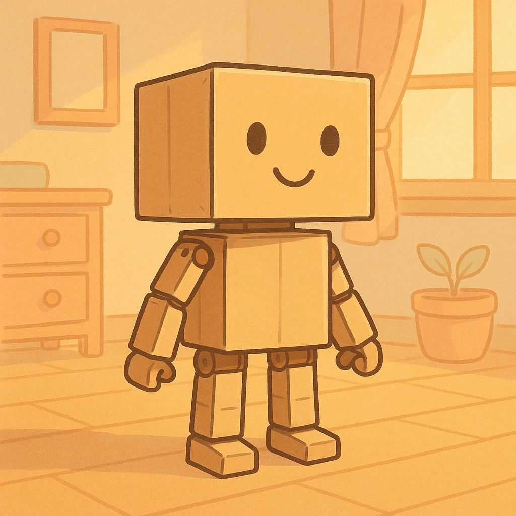 cartoonish cardboard robot with square head, simple drawn face, jointed limbs, standing in a warm, softly lit room with wooden floor, pastel colors, clean lines, nostalgic and cozy emoji