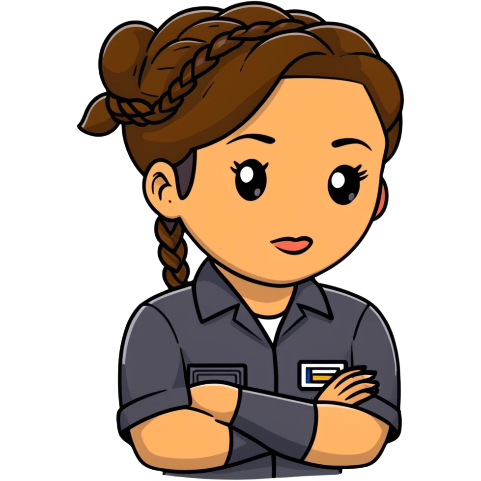 A 40-year-old Latina woman car mechanic with light brown skin, wearing black mechanic uniform, with two braids pulled back from her head emoji