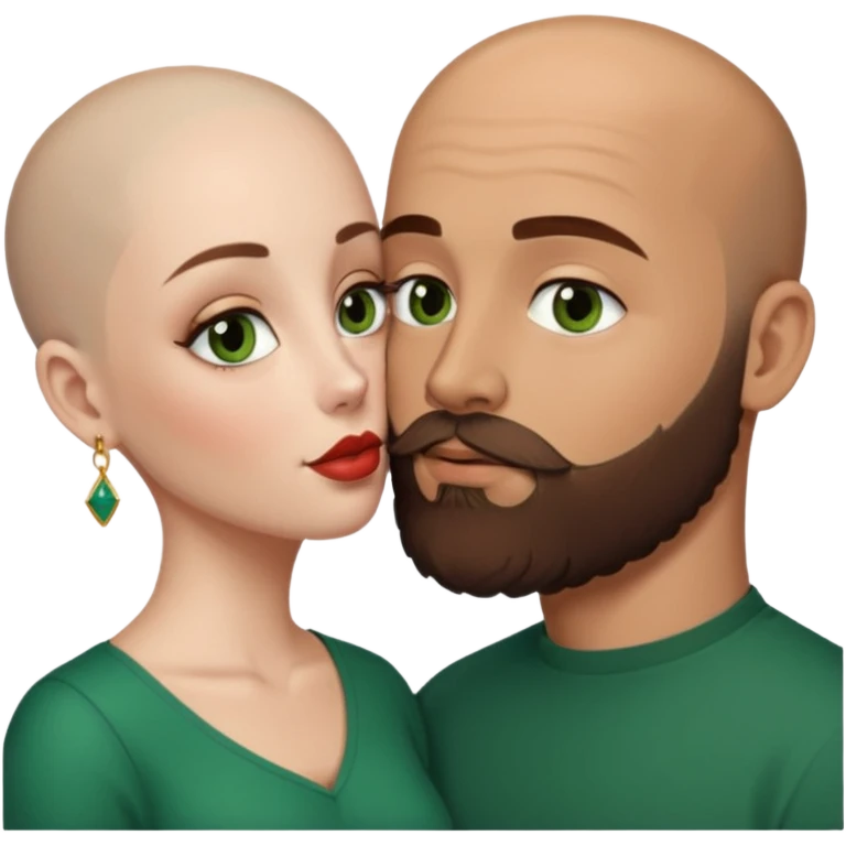 Man beard bald white dark green eyes, woman medium hair brown brown eyed latina kissing emoji
