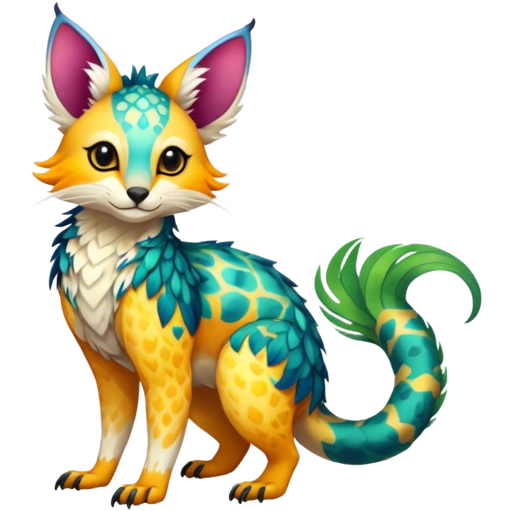 Feral Rare Fantasy vibrant colorful tropical Vernid-Trico-species by LiLaiRa, random markings, tufted tail, tufted ears, full body emoji