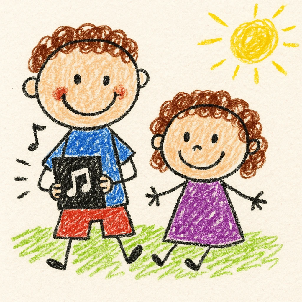 A 6-year-old boy and his 4-year-old sister with brown curly hair sitting together, the boy holding an iPad playing music, in children's doodle style emoji
