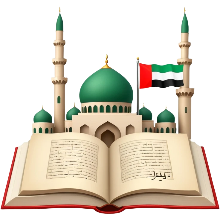 An icon featuring the mosque and the flag of United Arab Emirates, symbolizing the Arabic language. The design includes an open book with Arabic script and calligraphy, representing language learning and cultural heritage. Transparent background emoji