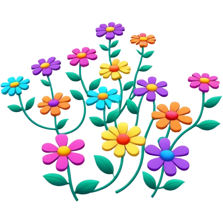 3D, psychedelic colored hippie style flowers in a line  emoji