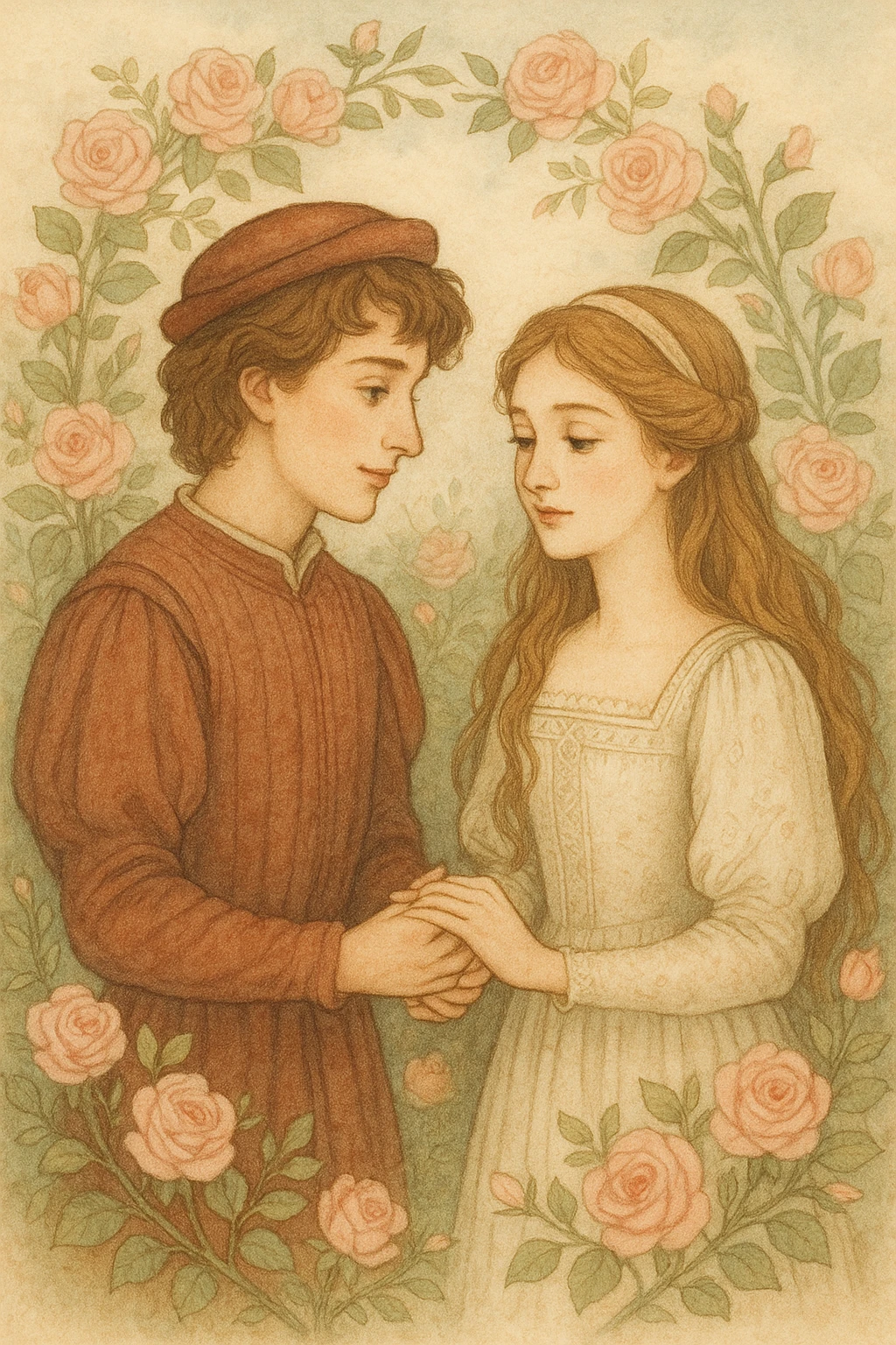 Romeo and Juliet holding hands, surrounded by roses, gentle expressions, romantic and dreamy, storybook style emoji