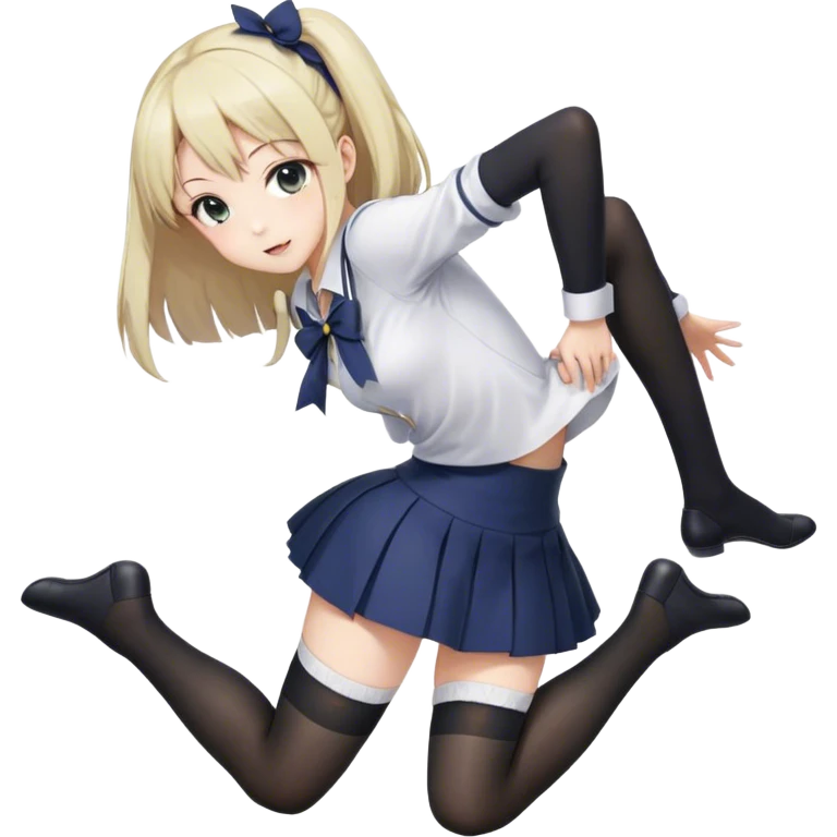 anime girl wearing thigh-high stockings, bending over to reach for something. Her short skirt lifts slightly, revealing a teasing glimpse. Playful and flirty expression, detailed anime style, soft lighting. emoji