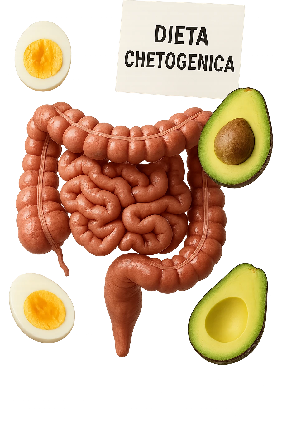 intestino umano anatomico con uova sode e avocado che gli fluttuano intorno insieme ad un foglio con la scritta "DIETA CHETOGENICA" CHE FLUTTUA IN ARIA emoji