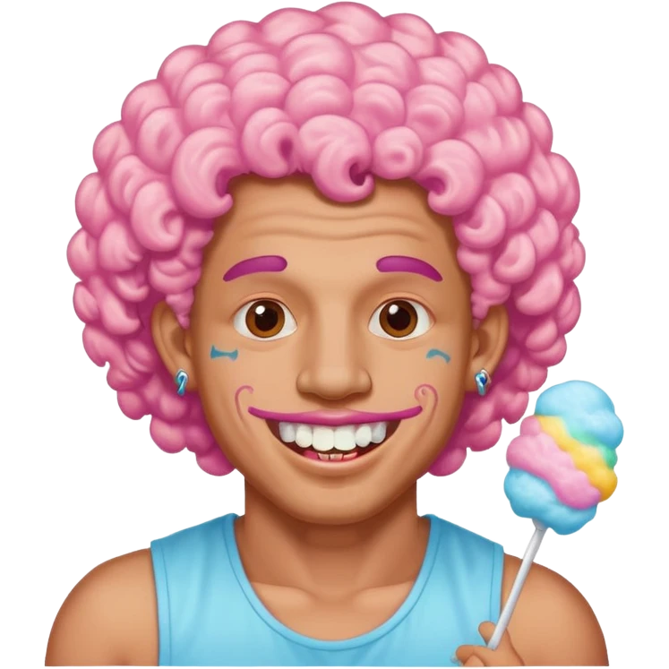 very cheerful colorful puffy curly haired man made out of cotton candy with teeth-braces and tattoos and face tattoos just face  emoji