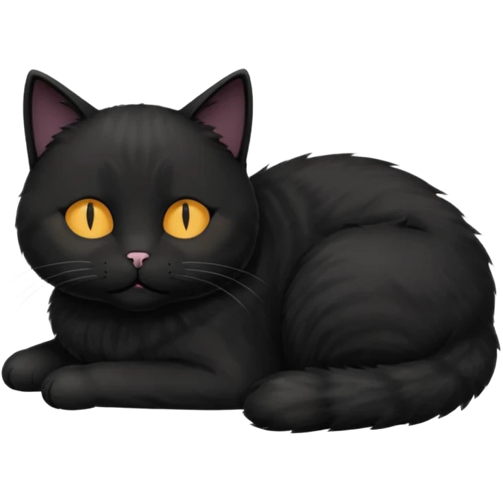 Black cat laying down with eyes closed and the word 'purr' above its head emoji