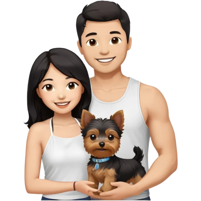 A pretty Asian girl with long, luscious wavy black hair (loose, no hair tie), wearing a white sleeveless halter top, standing beside a light-brown skinned man with a Two Block 6/4 haircut. They are both smiling and holding a small Yorkshire Terrier together emoji