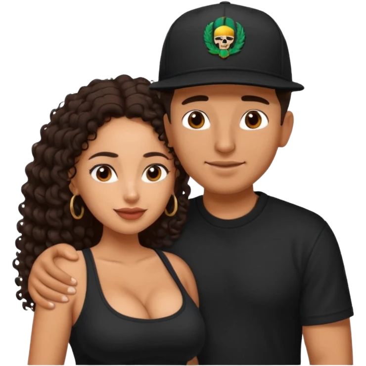 A picture of an embracing tanned couple. the man is a Mexican man with tanned skin, with a bald hair cut wearing a SnapBack hat and a black shirt. the woman has curly longer dark brown hair, thick and with big boobs   emoji