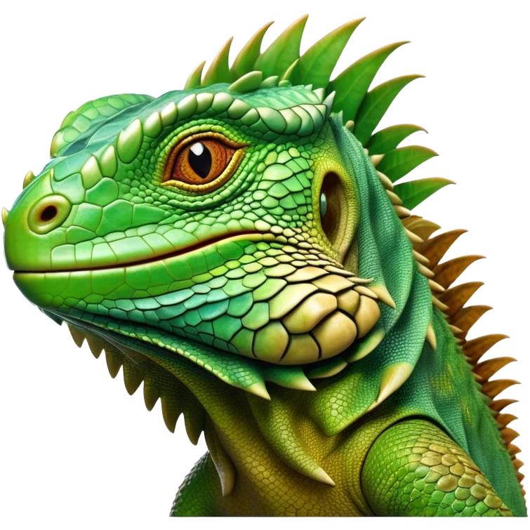 Cinematic Realistic Noble Iguana Portrait Emoji, Poised and commanding, with a robust, elongated body covered in intricately detailed, rough scales in vibrant shades of green with earthy brown accents, and a sharply defined head with piercing amber eyes, rendered with lifelike texture and natural light that accentuates every scale, high shine, intelligent and formidable, styled with an air of tropical authority, focused and attentive, soft glowing outline, capturing the essence of a watchful and confident iguana that appears ready to bask in the sun with effortless grace! emoji