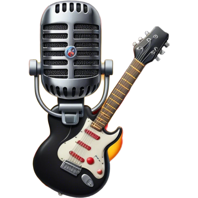 Create a bold and dynamic emoji representing rock vocal performance in a humanless collage. The design should feature a vintage microphone at the center, surrounded by key rock elements like an electric guitar, drumsticks, and a guitar pick. Include symbols of energy, such as lightning bolts or flames, and subtle musical notes or sound waves to evoke the raw power of rock vocals. Use dark, bold colors like black, silver, and red, with hints of chrome or metallic accents to convey the edgy, rebellious spirit of rock music. The background should be transparent. emoji