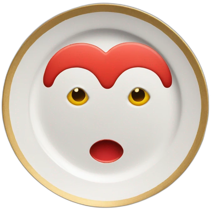 plate with a red heart with eyes drawn on it like “comme de garçons” and also with gold emoji