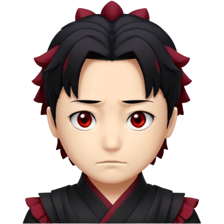 Tanjiro Kamado has a kind, yet determined, appearance with ruffled, black hair that has red/burgundy tips. His most prominent facial features are his wide, dark red eyes and a distinctive scar on the top left of his forehead. emoji