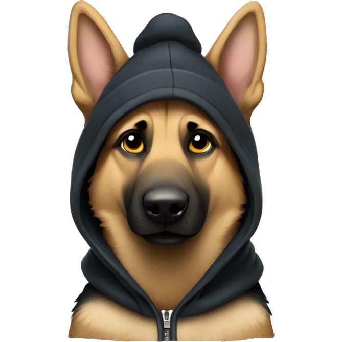 German shepherd wearing a hoodie with a beanie emoji