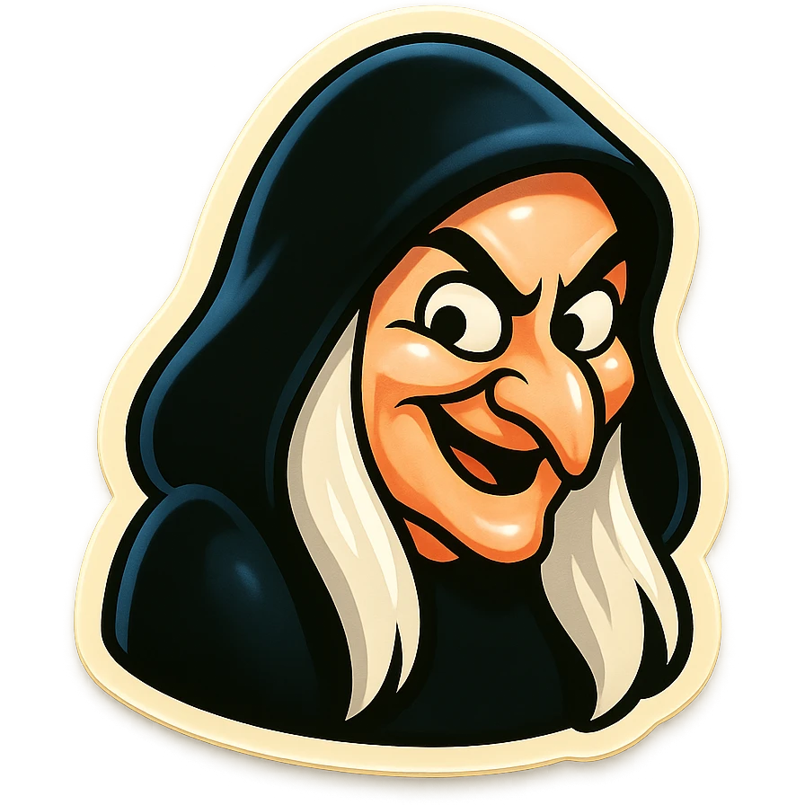 mischievous witch emoji with pale skin, long white hair, black hood, classic animated look emoji
