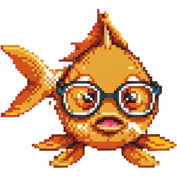Pixelated goldfish with nerdy glasses making funny face emoji