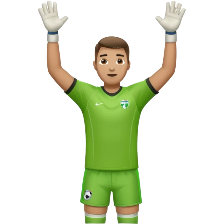 goalkeeper, standing, wearing a green shirt, shorts, socks and football trainers, with arms raised emoji