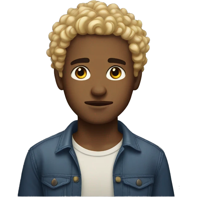 dark brown eyes, very very curly blonde short hair guy, serious face emoji