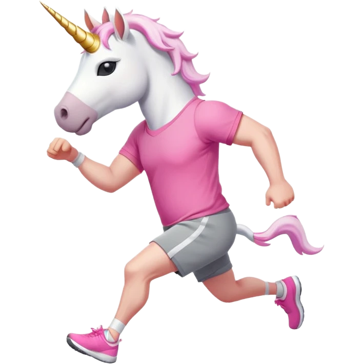 friendly anthropomorphised male white unicorn with a stocky, strong build, white arms and legs, wearing grey shorts and pink t-shirt, dark sunglasses, jogging upright in a relaxed pose emoji