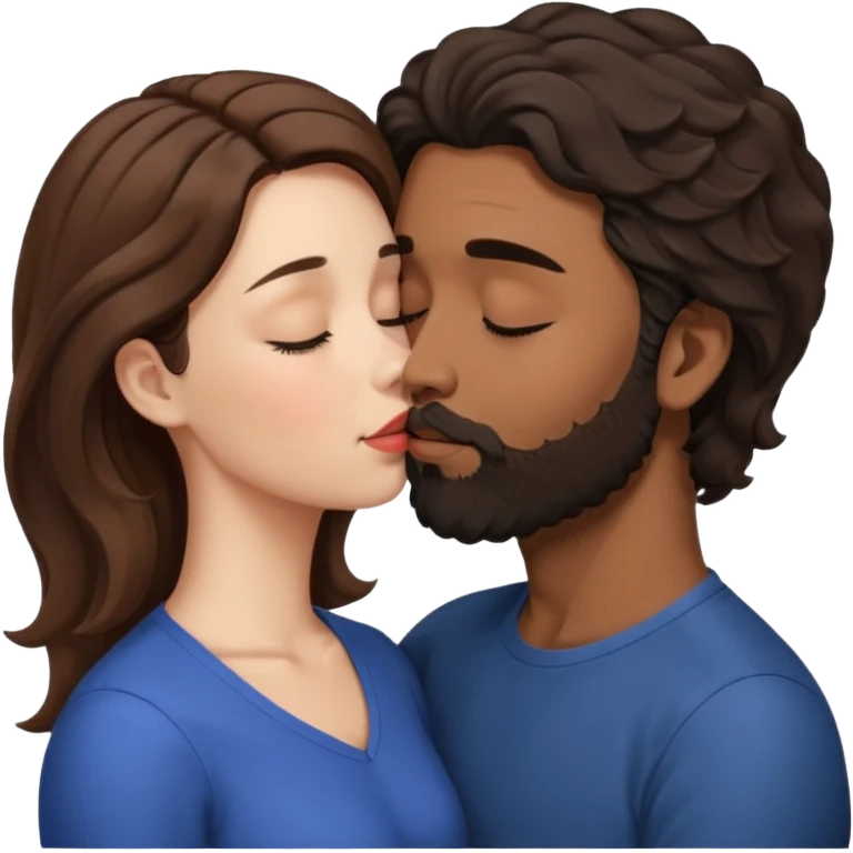 White woman (brown hair with eyes closed) kissing the top of the head (forehead) of brown man with black wavy hair (has a a beard with his eyes closed too). Woman has her lips to the forehead of the man. emoji