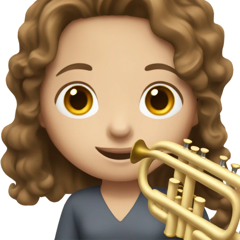 Girl with wavy brown hair and brown eyes and white skin playing trumpet  emoji