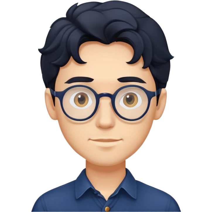 Upper body only of young caucasian man with longer wavy black hair, round glasses, wearing comfortable dark blue buttoned shirt emoji