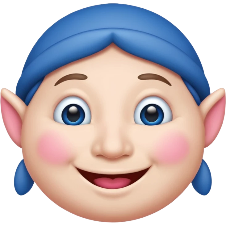 A blue emoji with fat pink cheeks and is smiling like a elf emoji