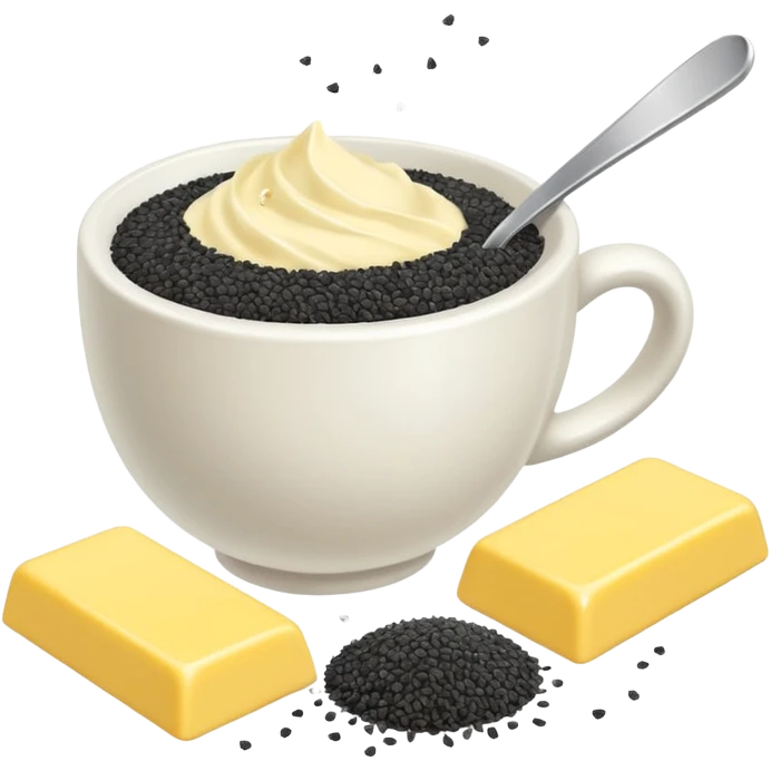white cup of sugar and black sesame seeds and bar of butter without a face emoji