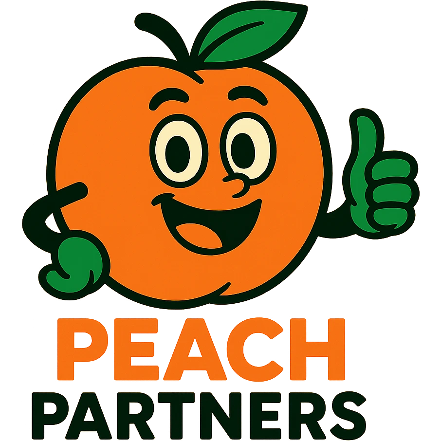 friendly peach mascot for 'Peach Partners' logo, vibrant colors, cheerful expression, peach giving a thumbs up emoji