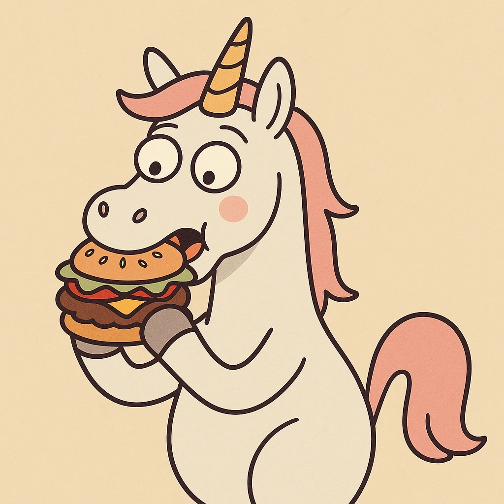 unicorn eating a hamburger, cartoon style, playful emoji