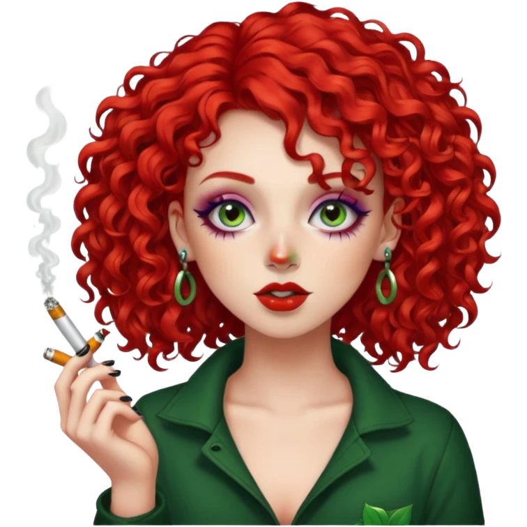 bright red curly hair alt girl with makeup and piercings smoking weed emoji