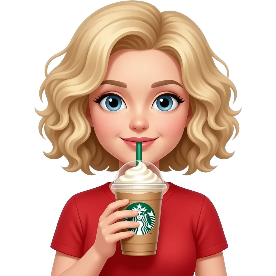 blonde curly bob drinking a starbucks frabaccino in a red shirt emoji