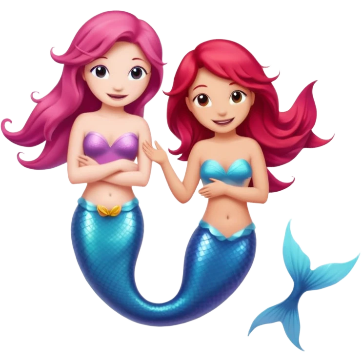 Cute iOS-style emoji of a pastel pink dolphin and a red-haired mermaid, smiling at each other. 
Simple vector emoji design, bold outlines, soft gradients, glossy look, centered, white background. emoji