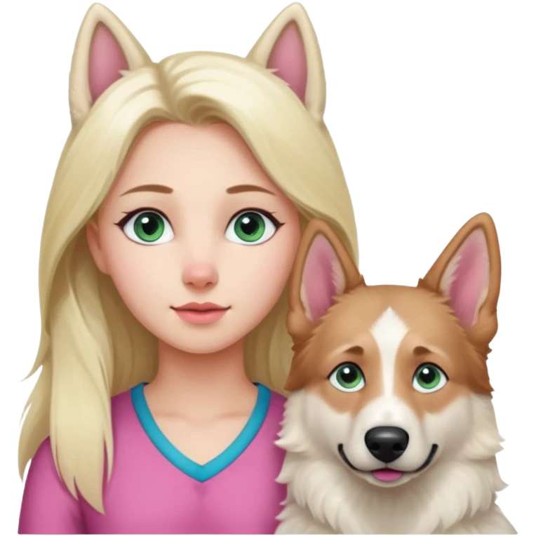 White European young woman with blue-green eyes and long blond hair with her white German Shepherd dog,the Dog has a pink nose and short fur  and Brown eyes emoji