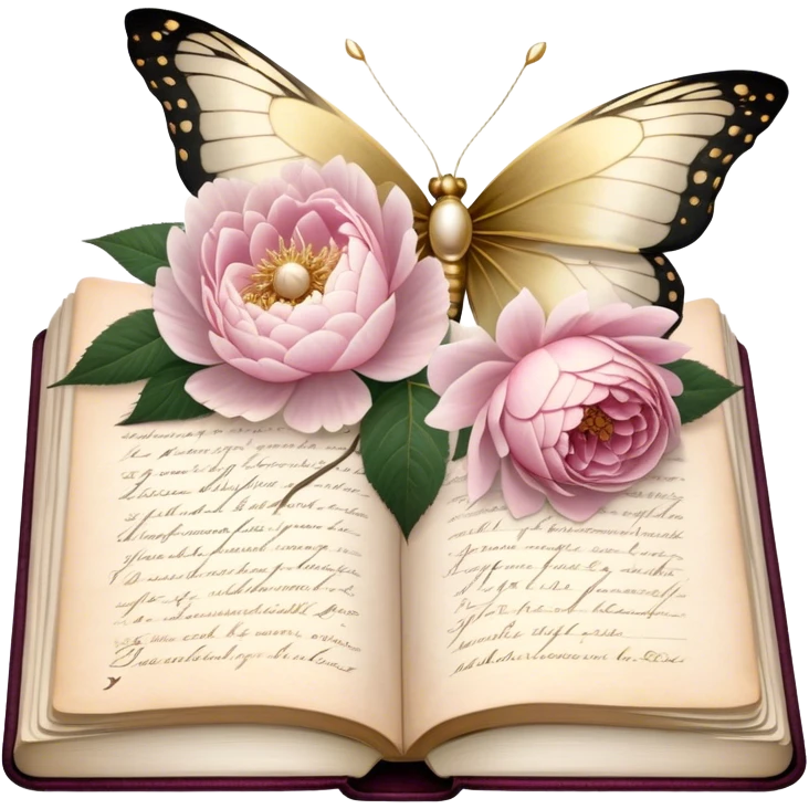 An aged botanical journal, its golden-edged pages filled with delicate pressed pink roses, white peonies, and blush dahlias, as a pearl butterfly delicately rests on the handwritten notes.
 emoji